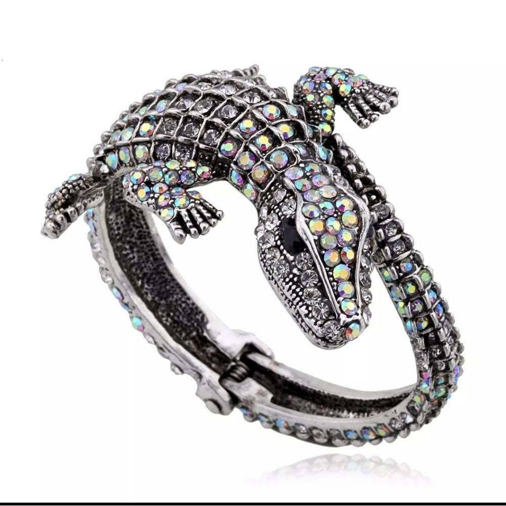 Silver titanium irridescent crystal alligator crocodile goth chic bracelet new